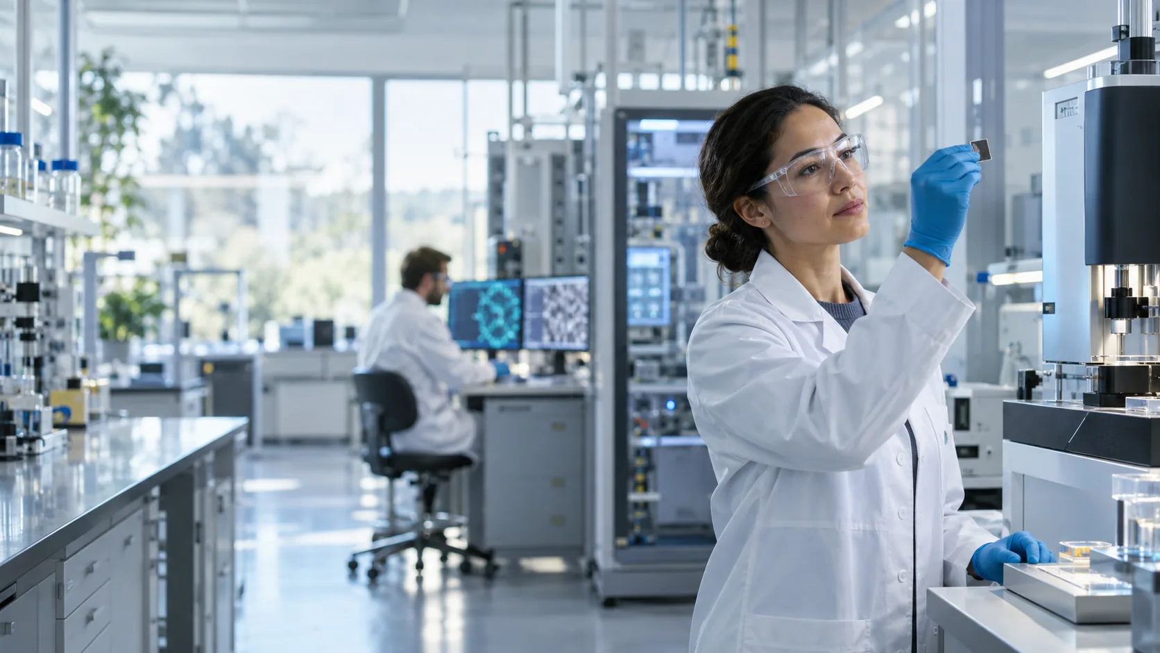 A scientist evaluating an advanced material in a modern research laboratory